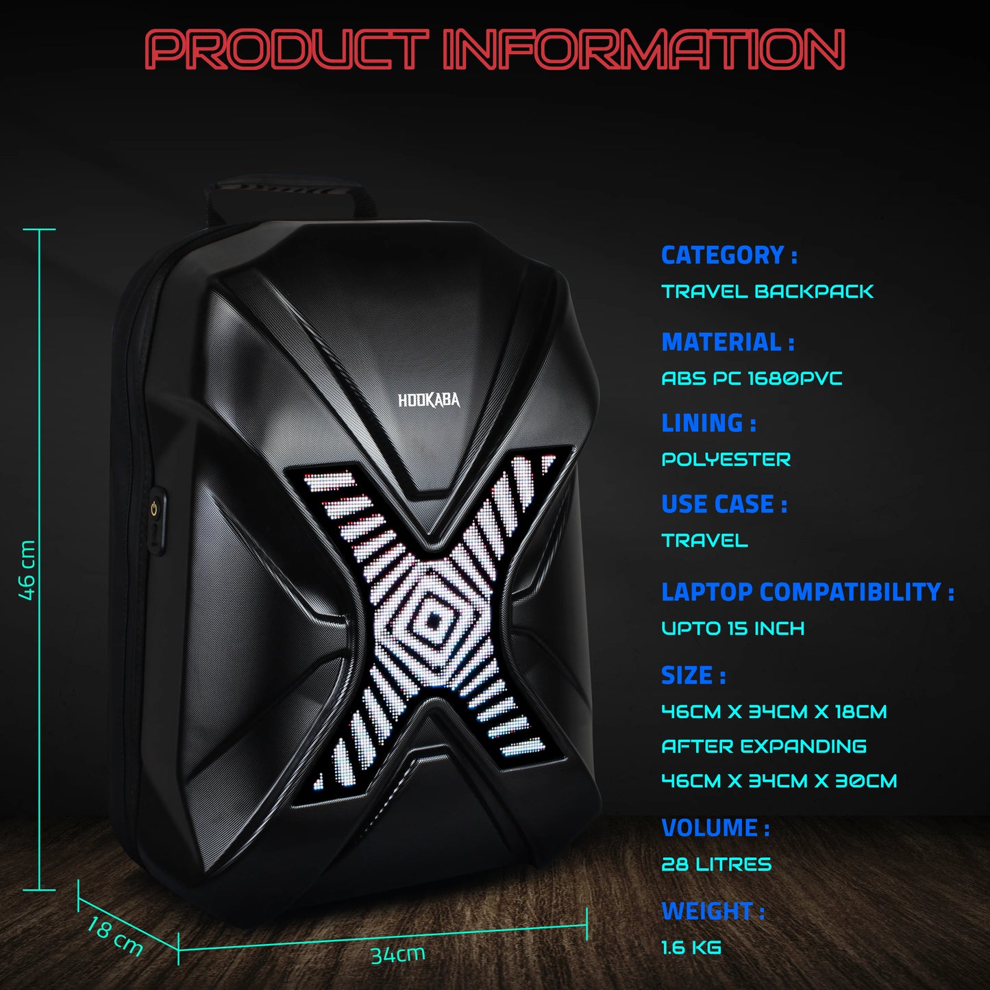 Hookaba XROSS RAGE BACKPACK , | Smart Pixel Display Bag | App Controlled, USB charge, Programmable Screen & Water Resistant