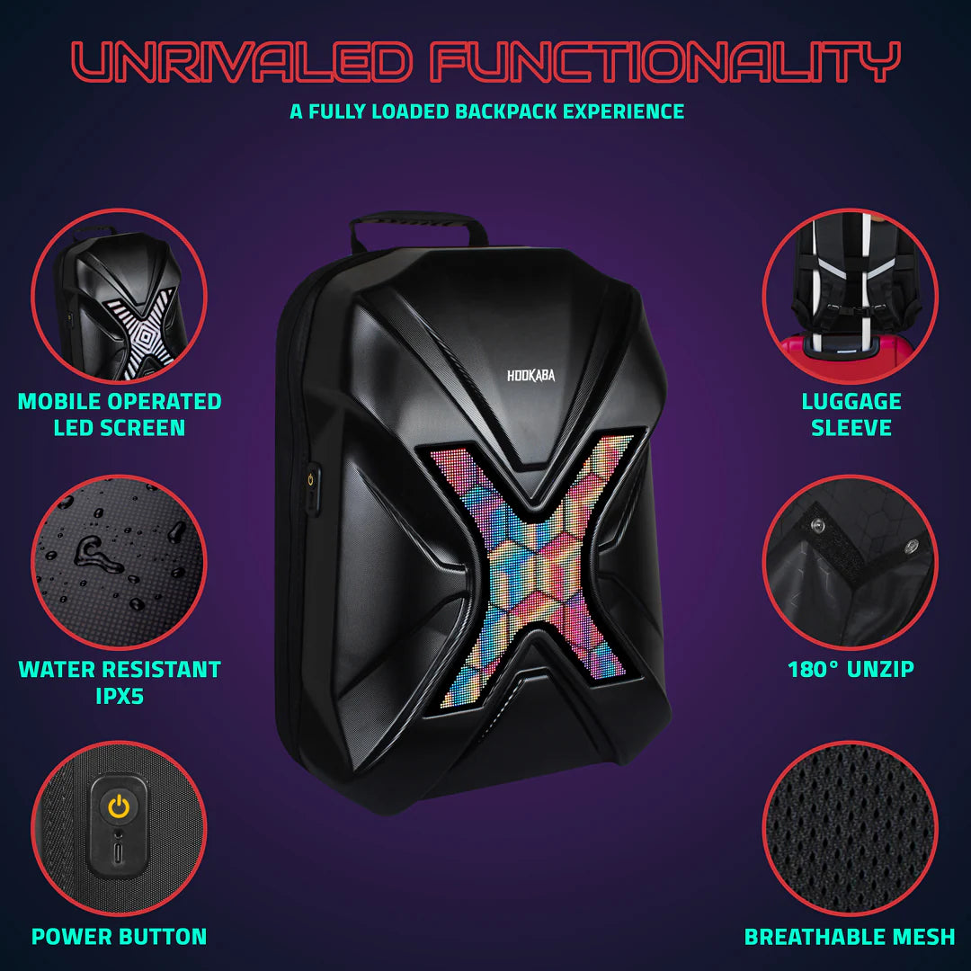 Hookaba XROSS RAGE BACKPACK , | Smart Pixel Display Bag | App Controlled, USB charge, Programmable Screen & Water Resistant