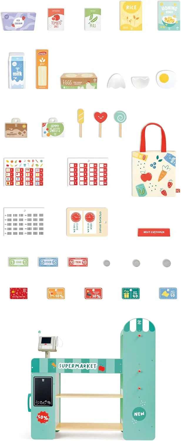Hape Smart Wooden Supermarket Play Center - 3-in-1 Role Play Shop with Cash Register & Grocery Accessories