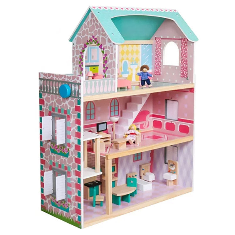 Toys Uncle 3 Storey Wooden Doll House with Wooden Accessories- Multi Color