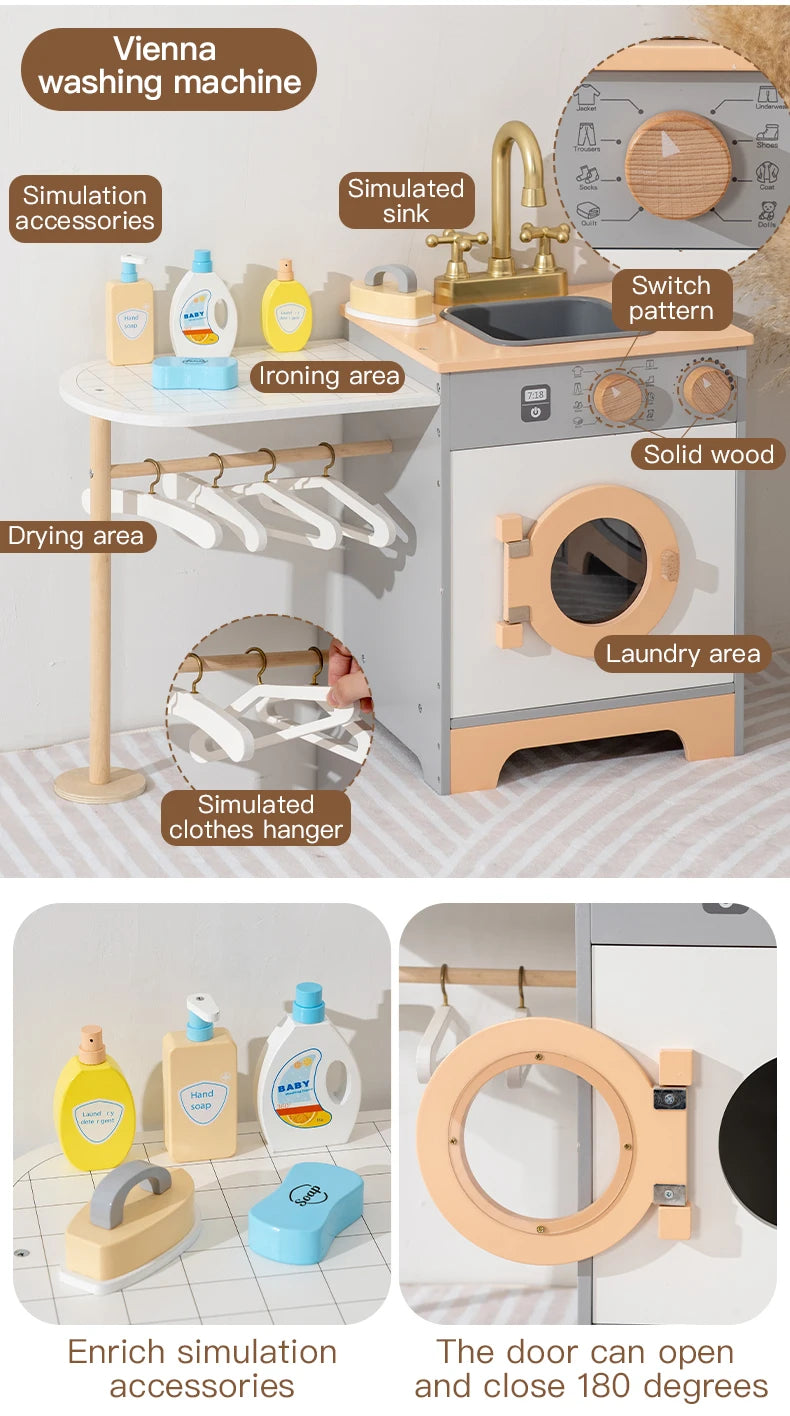 Wooden Kids Laundry Playset with Washing Machine, Sink, Ironing Table & Hangers – Pretend Play Household Toy Set for Children