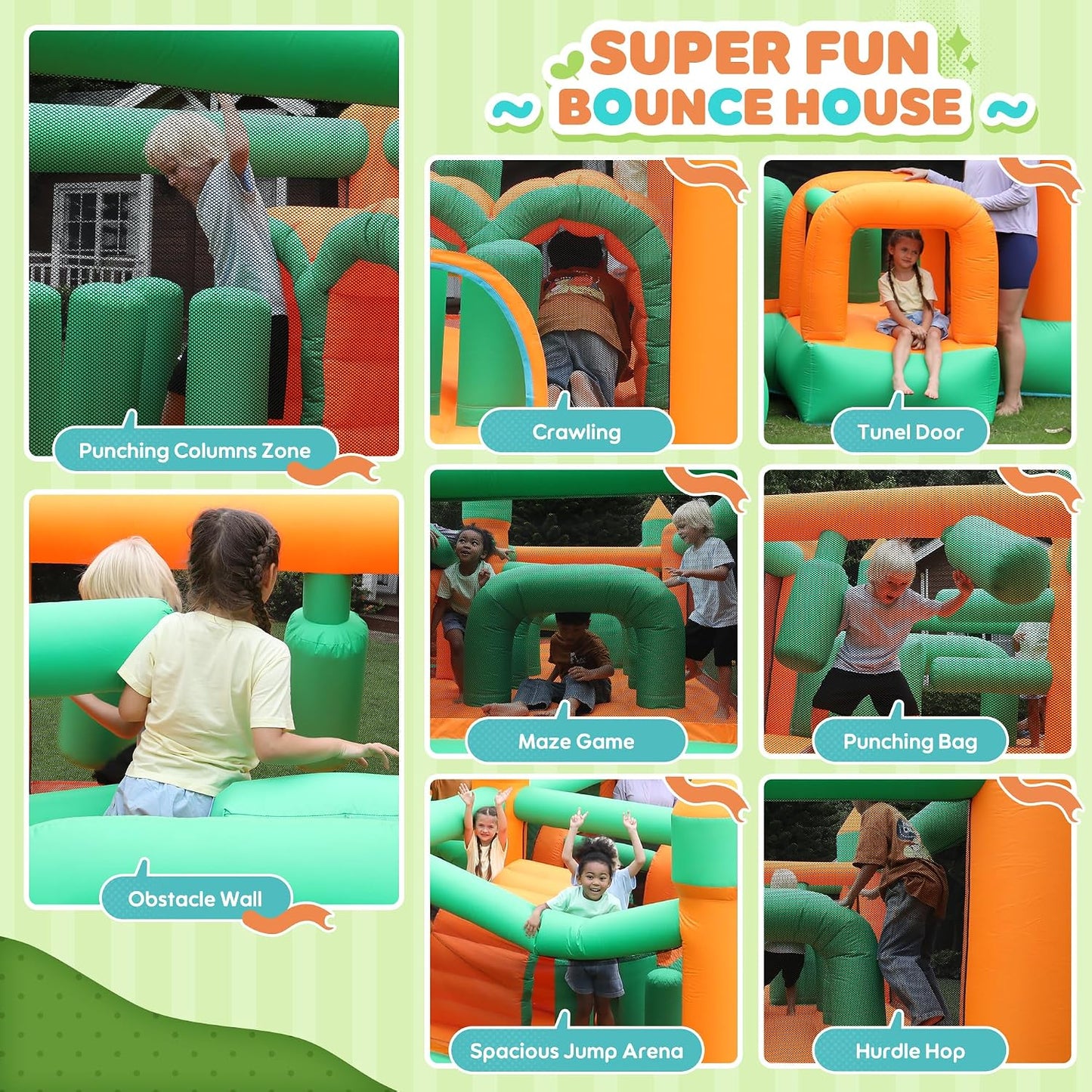 Large Inflatable Bounce House for Kids – Multi-Activity Castle with Obstacle Course, Punching Columns, Crawl Tunnel & Spacious Jump Arena (Holds 5 Kids, 159 kg Capacity)