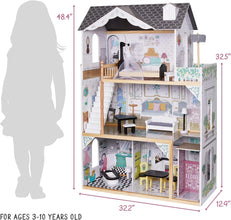 Kids Wooden Dollhouse, with Elevator, Balcony & Stairs & Accessories