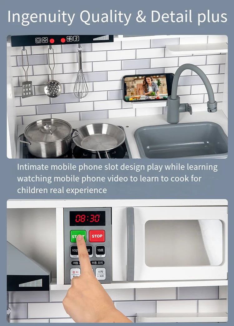 Wooden Play Kitchen Set with Sound Effects, Ice Dispenser, Microwave & Washing Machine – Modern Pretend Play Kitchen with Metal Cookware