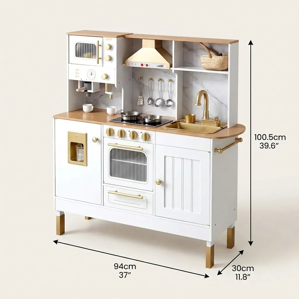 Luxury Wooden Play Kitchen Set with Running Water Sink, Coffee Machine & Oven – White & Gold Pretend Play Kitchen