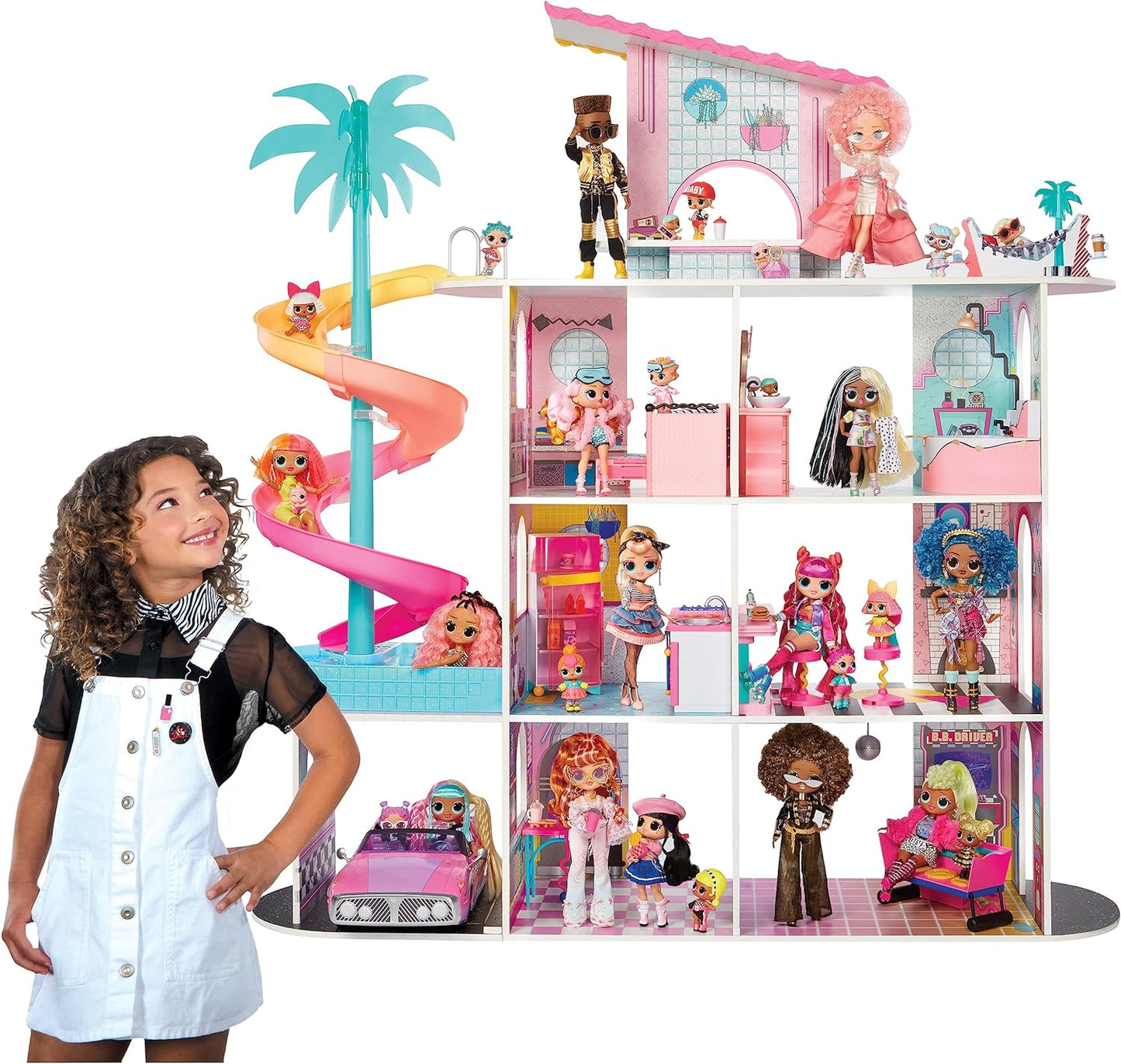 L.O.L. Surprise! OMG Fashion House Playset with 85+ Surprises and Made from Real Wood Including Pool, Spiral Slide, Rooftop Patio, Movie Theater, Transforming Furniture, and More!