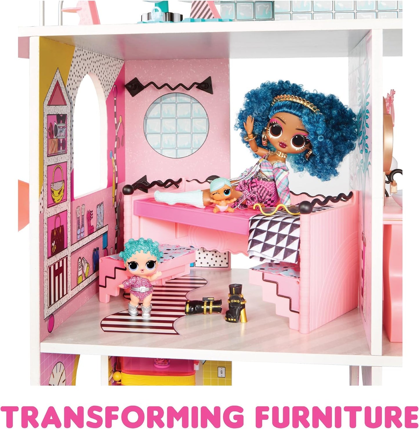 L.O.L. Surprise! OMG Fashion House Playset with 85+ Surprises and Made from Real Wood Including Pool, Spiral Slide, Rooftop Patio, Movie Theater, Transforming Furniture, and More!