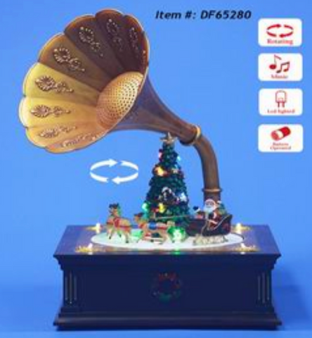 Retro music player with Christmas tree and rotating Santa on a sledge (light and music)