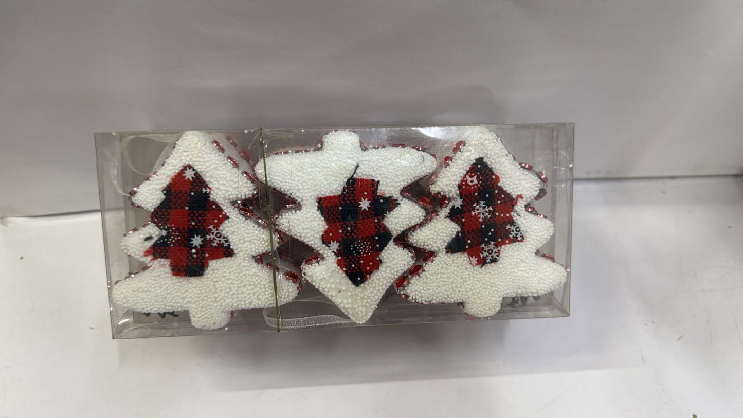 Premium Set of 3 Plaid Christmas Tree Decorations with Frosted Edges ( RED )