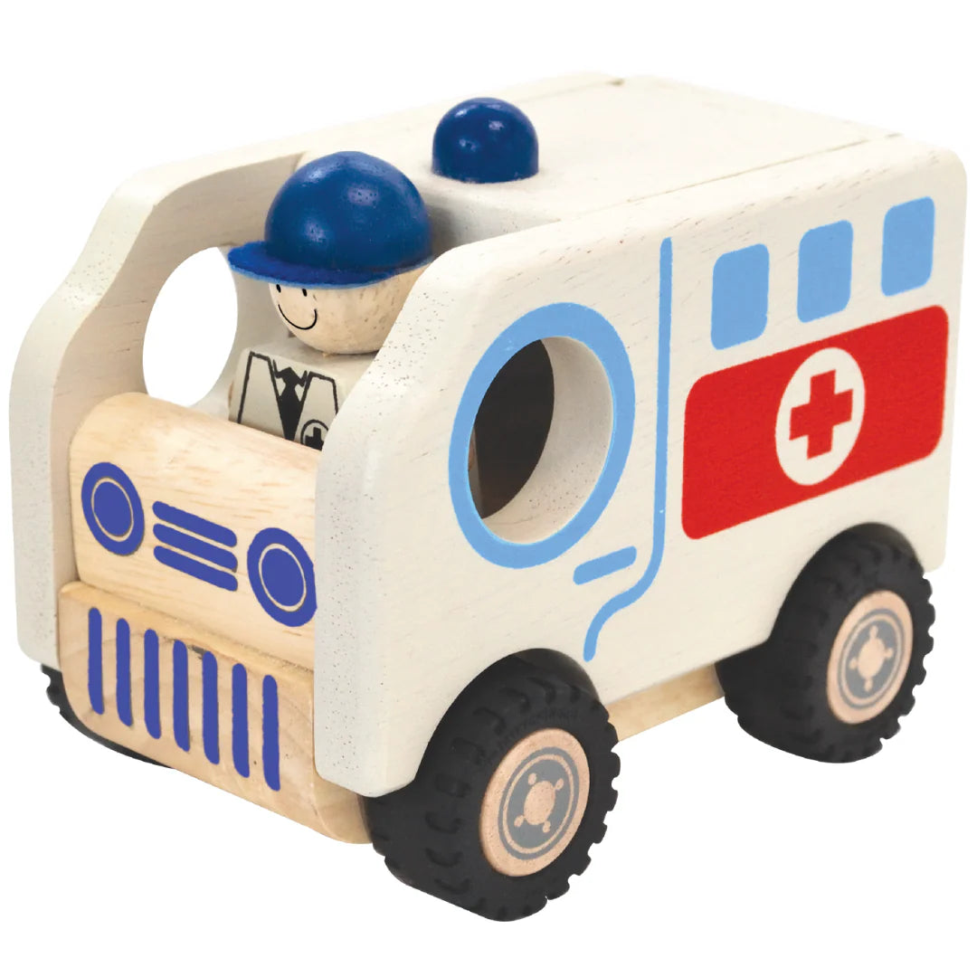 Wooden Public Vehicles set of 4 (Fire Engine, Ambulance, Police Car, School Bus)