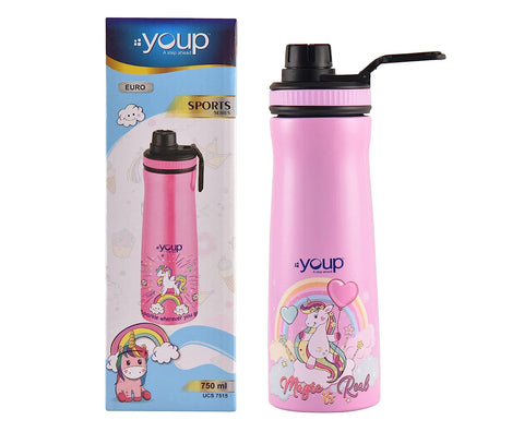 YOUP Stainless Steel Pink Color Unicorn Kids Water Bottle Euro - 750 ml… (Pink)