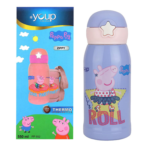 Youp Stainless Steel Purple and Pink Color Peppa Pig Kids Insulated Double Wall Sipper Bottle Zippy - 550 ml… (Purple)