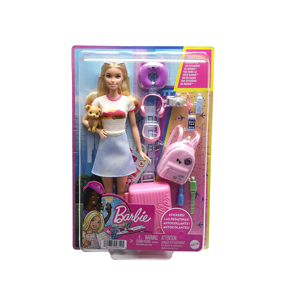 Barbie Doll and Accessories, Malibu Travel Set with Puppy and 10