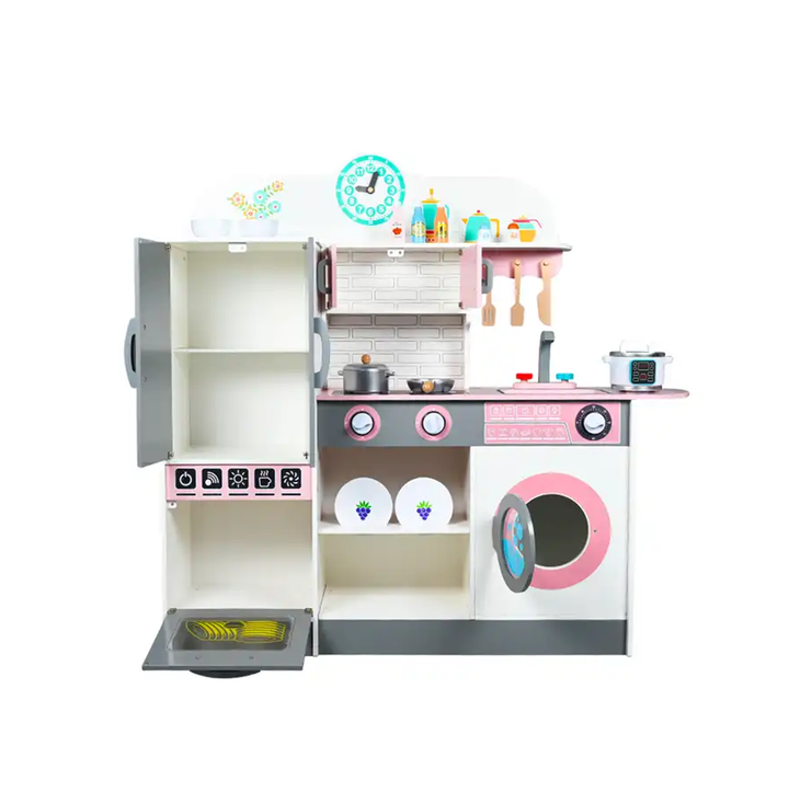 Role Play Wooden Large Pink Pretend Play Kitchen Cooking Toys With Refrigerator Stove