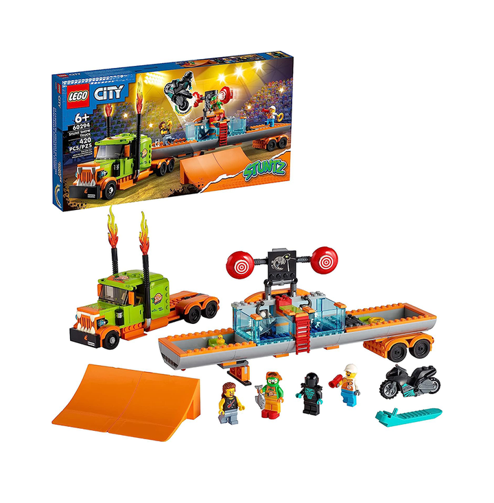 LEGO City Stunt Show Truck 60294 Building Toy Set with Launch Ramps and a Dunk Tank Plus a Flywheel-Powered Stunt Bike