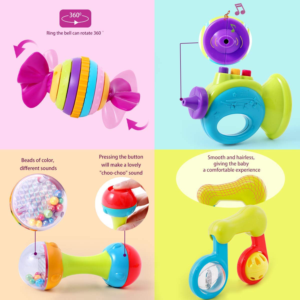 Hola Baby Rattles Teether , Shakers , Grab and Spin Musical Fun Toy