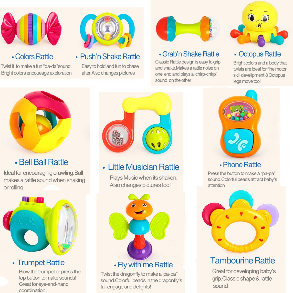 Hola Baby Rattles Teether , Shakers , Grab and Spin Musical Fun Toy