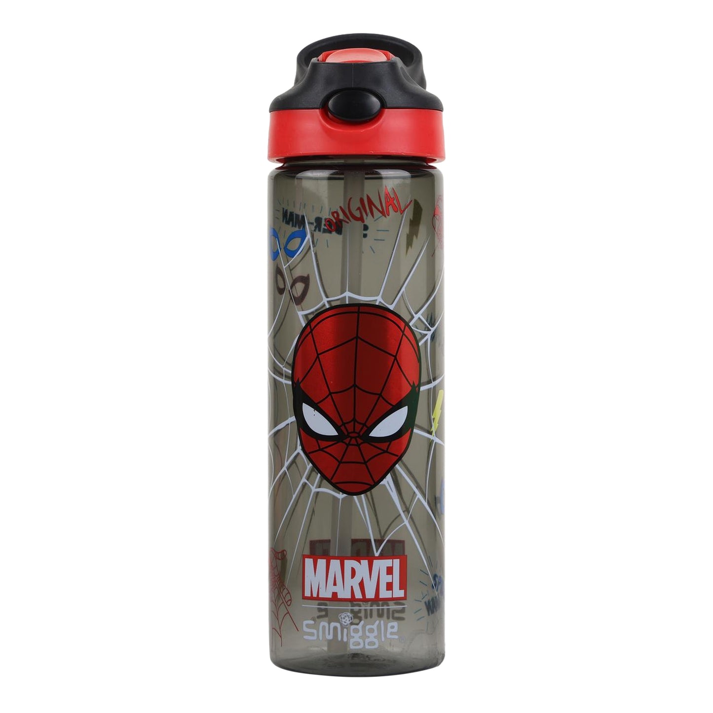 Smiggle 650ml Kids Water Bottle with Flip Straw, Leak-Proof Lid & Carry Handle – Spider Man