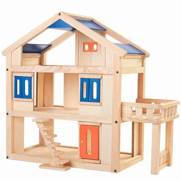PlanToys Terrace Dollhouse – Wooden Multi-Level Doll House with Balcony