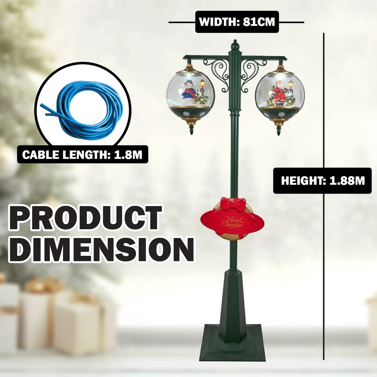 Snowing Double Lamp Christmas Street Light with Santa & Snowman – 1.88 m Tall