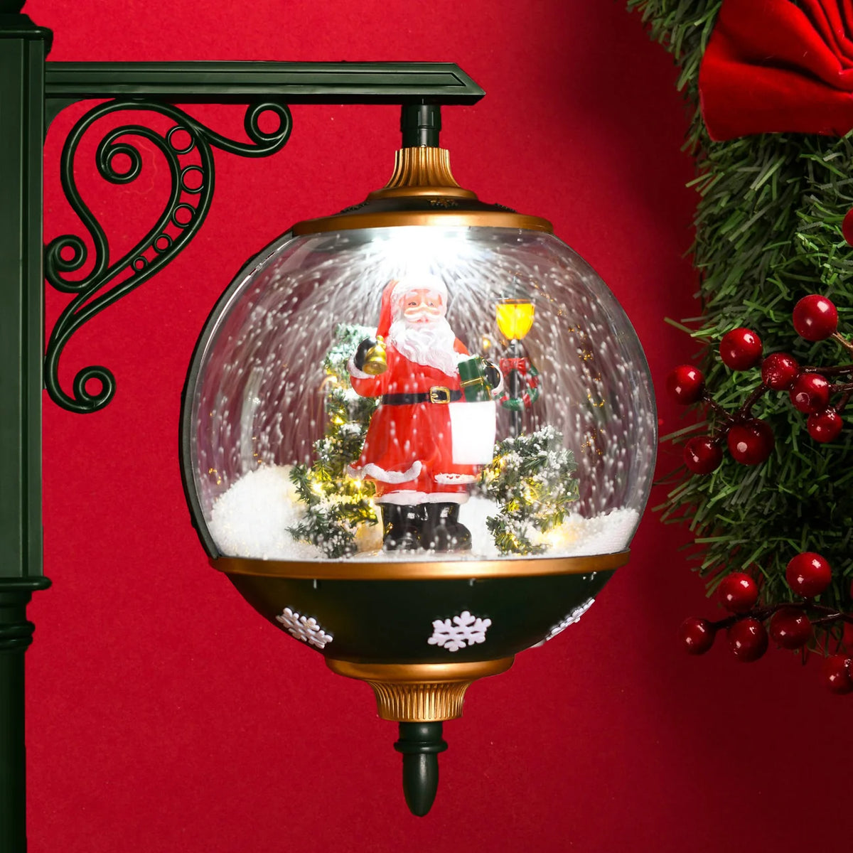 Snowing Double Lamp Christmas Street Light with Santa & Snowman – 1.88 m Tall