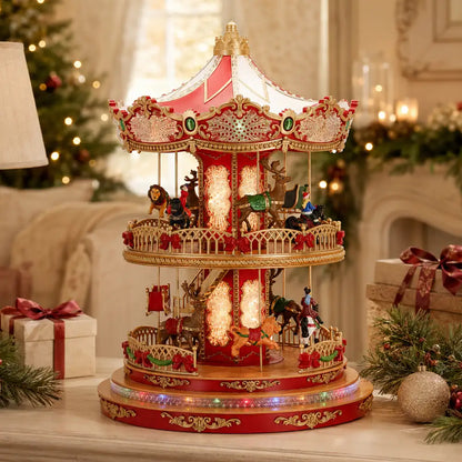 Double-Decker Christmas Carousel with Rotating Reindeer, Horses & Sleigh – Light-Up Animated Showpiece, 40 cm