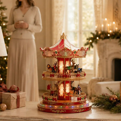 Double-Decker Christmas Carousel with Rotating Reindeer, Horses & Sleigh – Light-Up Animated Showpiece, 40 cm