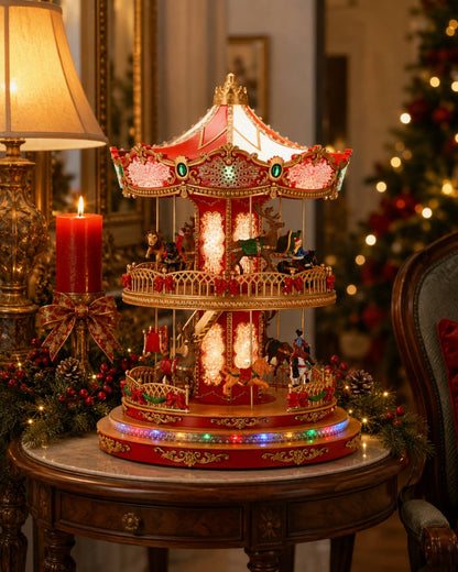 Double-Decker Christmas Carousel with Rotating Reindeer, Horses & Sleigh – Light-Up Animated Showpiece, 40 cm