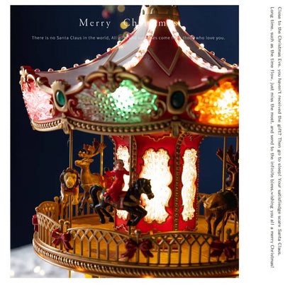 Double-Decker Christmas Carousel with Rotating Reindeer, Horses & Sleigh – Light-Up Animated Showpiece, 40 cm