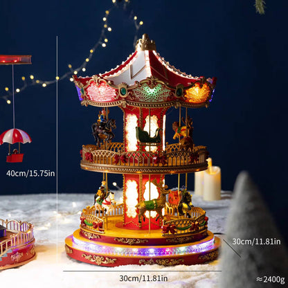 Double-Decker Christmas Carousel with Rotating Reindeer, Horses & Sleigh – Light-Up Animated Showpiece, 40 cm