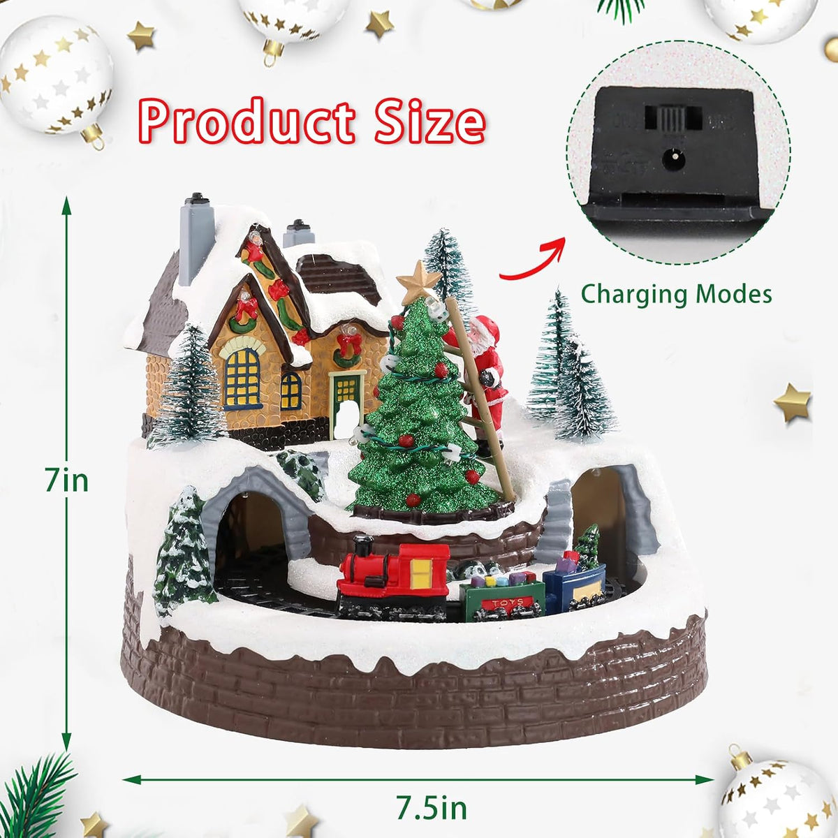 Light-Up Christmas Village with Moving Train & Santa Decorating Tree – Animated Tabletop Showpiece
