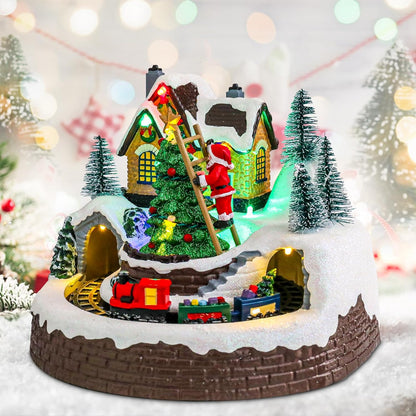 Light-Up Christmas Village with Moving Train & Santa Decorating Tree – Animated Tabletop Showpiece