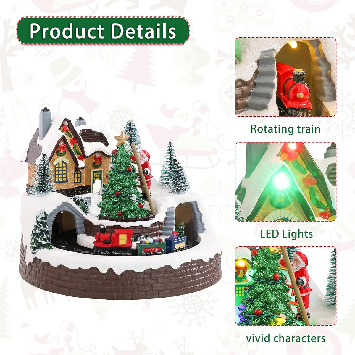 Light-Up Christmas Village with Moving Train & Santa Decorating Tree – Animated Tabletop Showpiece