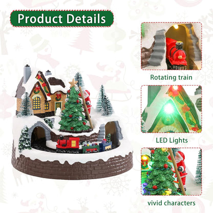 Light-Up Christmas Village with Moving Train & Santa Decorating Tree – Animated Tabletop Showpiece