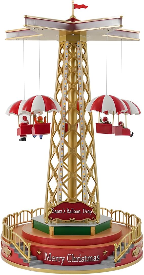Animated Light-Up Christmas Parachute Drop Tower with Santa & Elf Riders – 44.5 cm Festive Carnival Showpiece