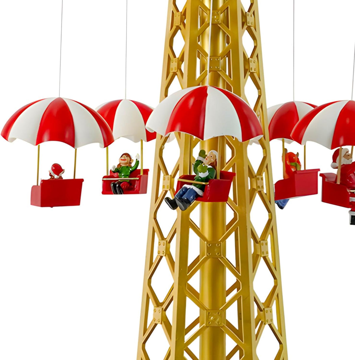 Animated Light-Up Christmas Parachute Drop Tower with Santa & Elf Riders – 44.5 cm Festive Carnival Showpiece