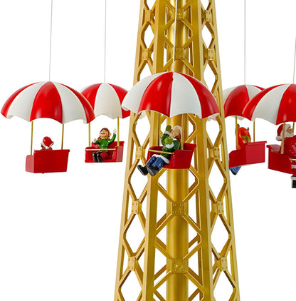 Animated Light-Up Christmas Parachute Drop Tower with Santa & Elf Riders – 44.5 cm Festive Carnival Showpiece