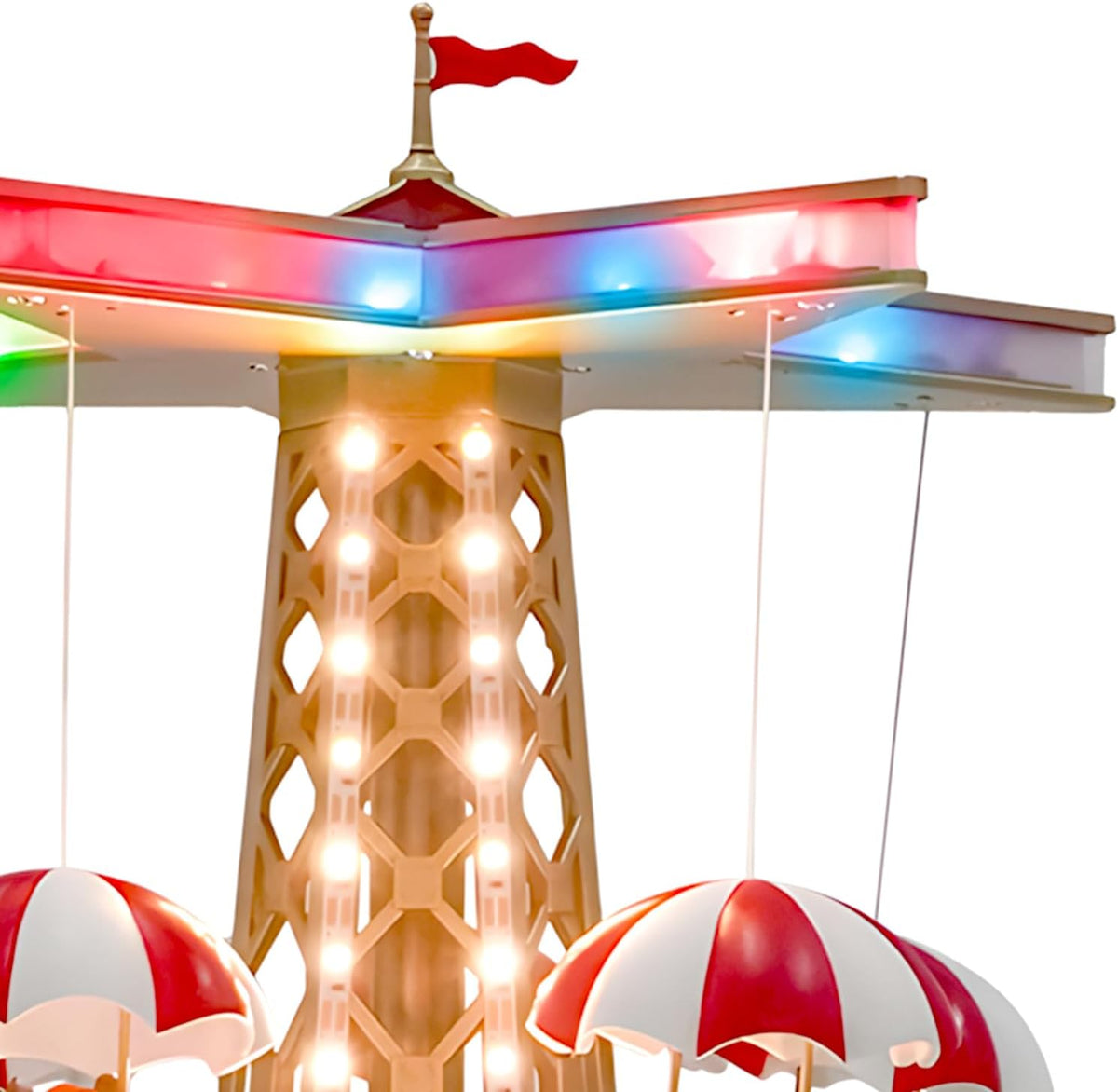 Animated Light-Up Christmas Parachute Drop Tower with Santa & Elf Riders – 44.5 cm Festive Carnival Showpiece