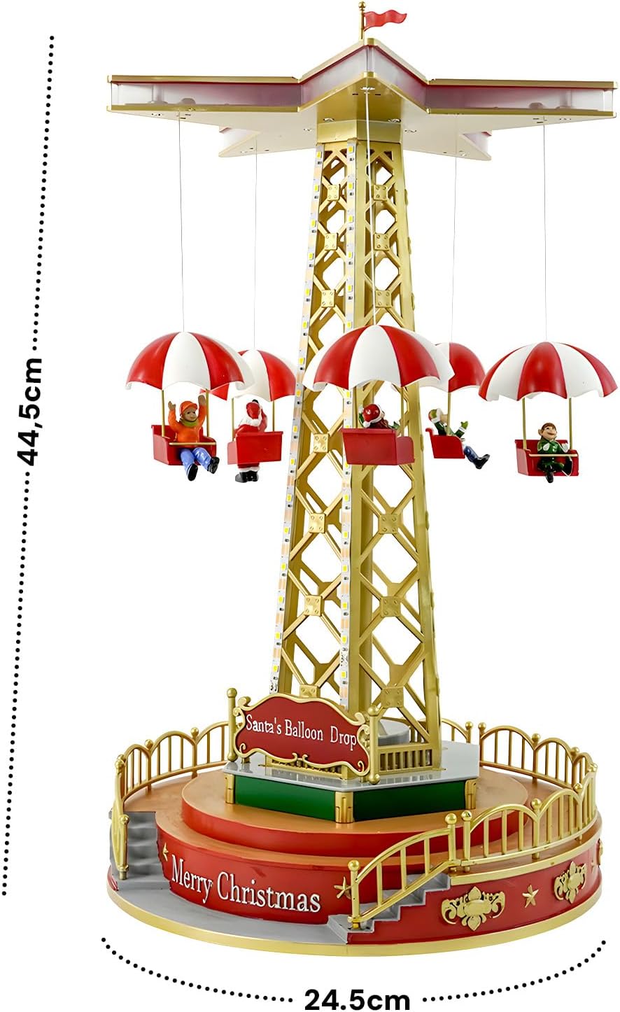 Animated Light-Up Christmas Parachute Drop Tower with Santa & Elf Riders – 44.5 cm Festive Carnival Showpiece