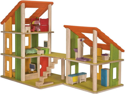 PlanToys Chalet Dollhouse with Furniture – Modular Wooden Multi-Level Doll House Set