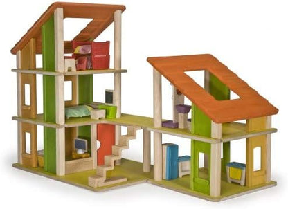 PlanToys Chalet Dollhouse with Furniture – Modular Wooden Multi-Level Doll House Set