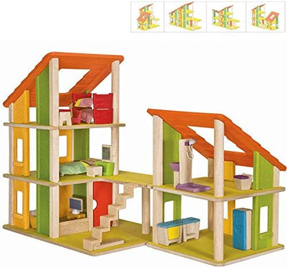 PlanToys Chalet Dollhouse with Furniture – Modular Wooden Multi-Level Doll House Set