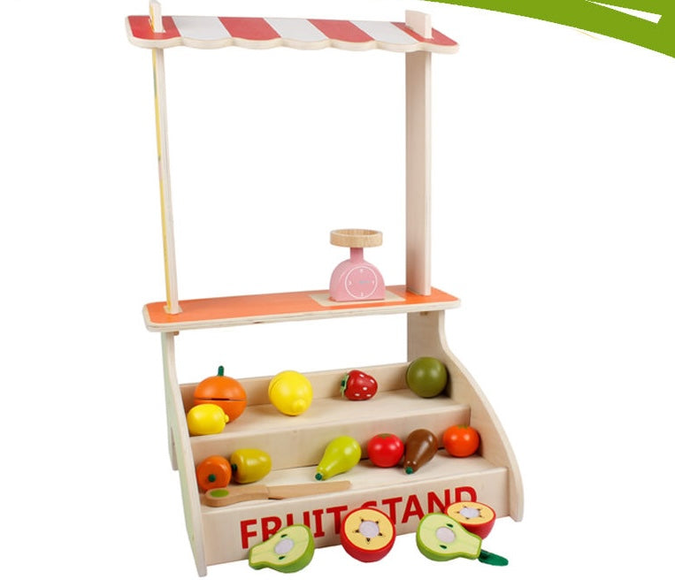 Wooden Fruit Stand Cutting Playset with Weighing Scale, Crates & Cuttable Fruits – Pretend Play Grocery Toy for Kids