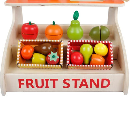 Wooden Fruit Stand Cutting Playset with Weighing Scale, Crates & Cuttable Fruits – Pretend Play Grocery Toy for Kids