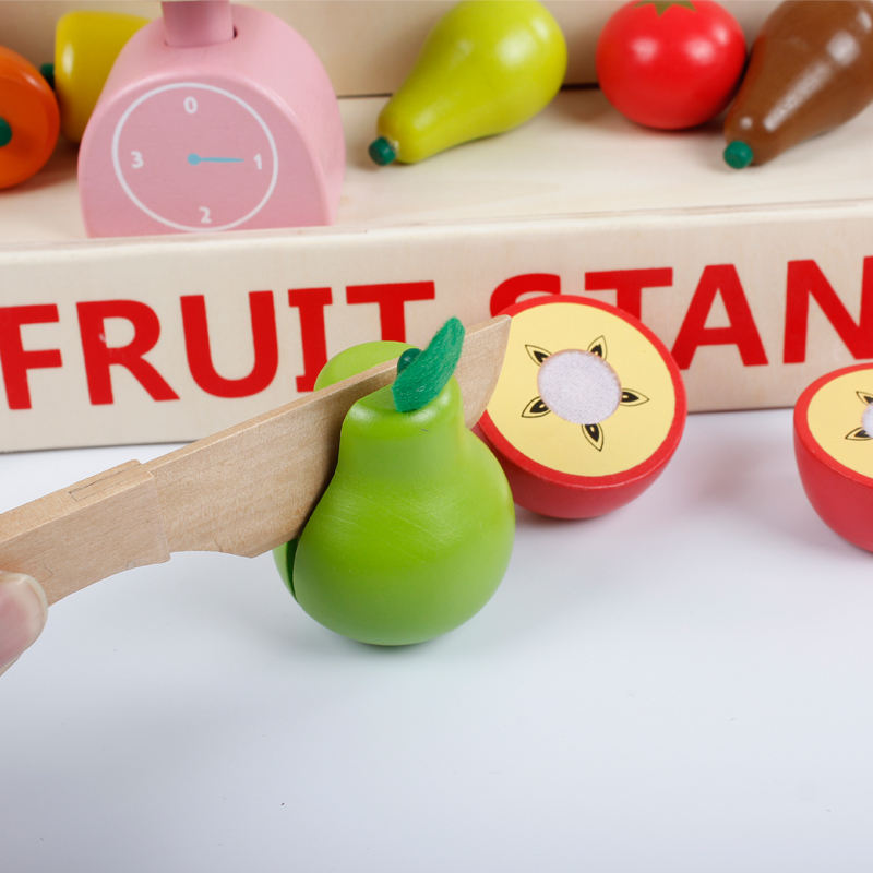 Wooden Fruit Stand Cutting Playset with Weighing Scale, Crates & Cuttable Fruits – Pretend Play Grocery Toy for Kids