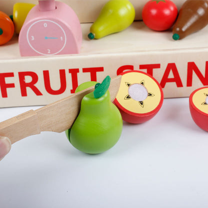 Wooden Fruit Stand Cutting Playset with Weighing Scale, Crates & Cuttable Fruits – Pretend Play Grocery Toy for Kids