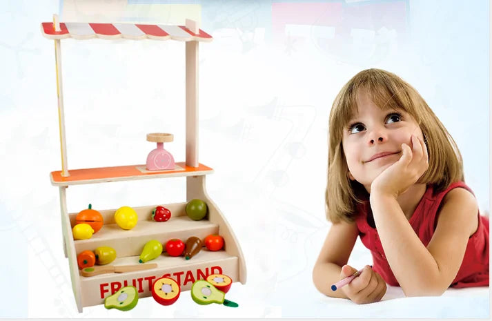 Wooden Fruit Stand Cutting Playset with Weighing Scale, Crates & Cuttable Fruits – Pretend Play Grocery Toy for Kids