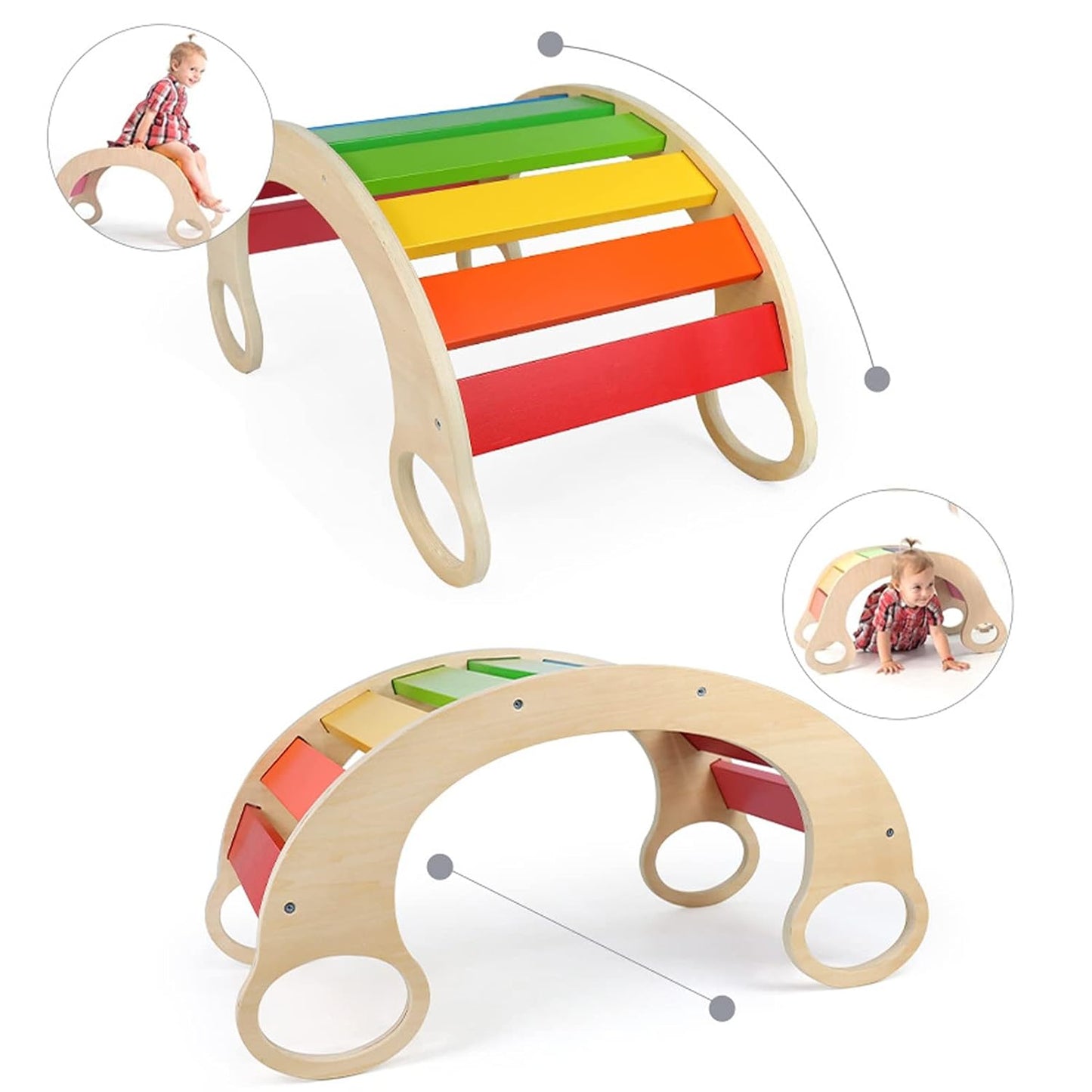 Wooden Rainbow Rocker – Multi-Purpose Climbing Arch, Balance Board, Rocking Chair & Play Table for Kids