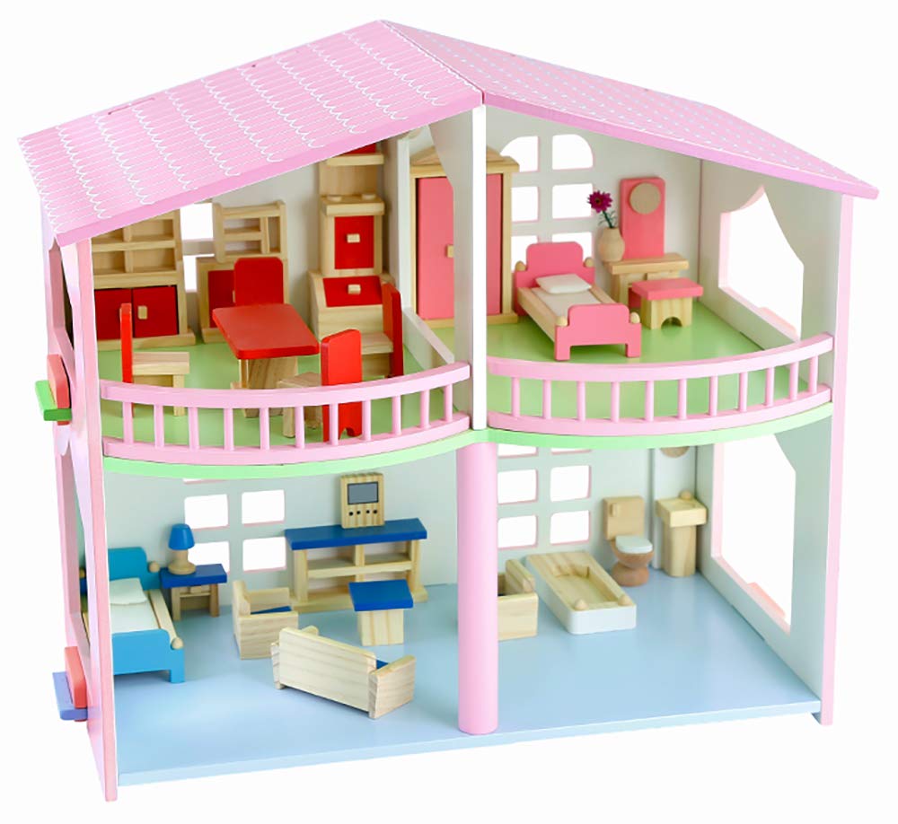 Big Size Wooden Doll House with Complete Furniture Set – 2-Storey Open Play Mansion for Kids