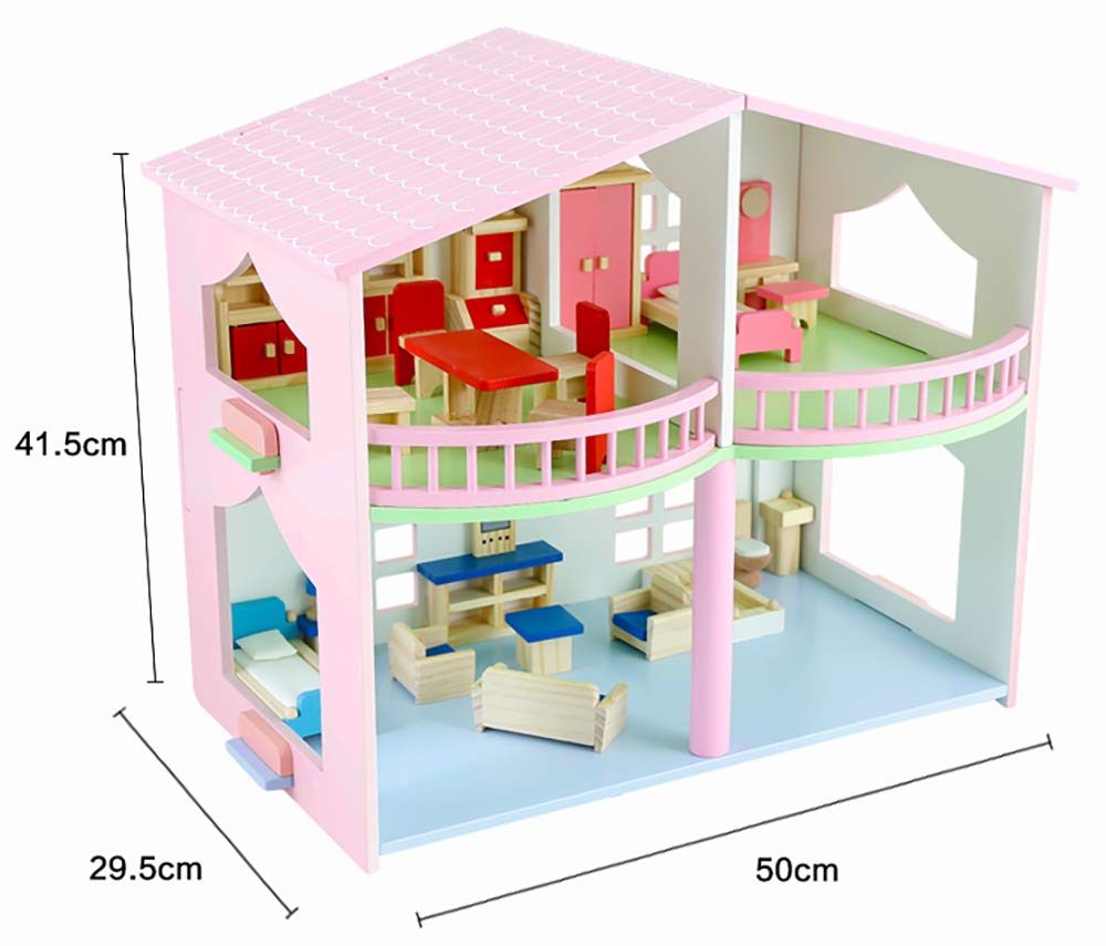 Big Size Wooden Doll House with Complete Furniture Set – 2-Storey Open Play Mansion for Kids